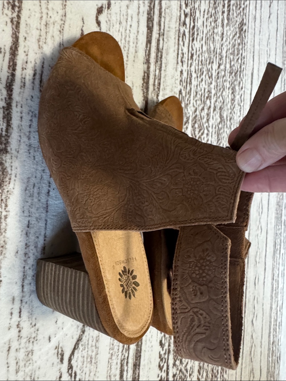 Yellow Box Brown Embossed Suede Peep-Toe Block Heel Mules